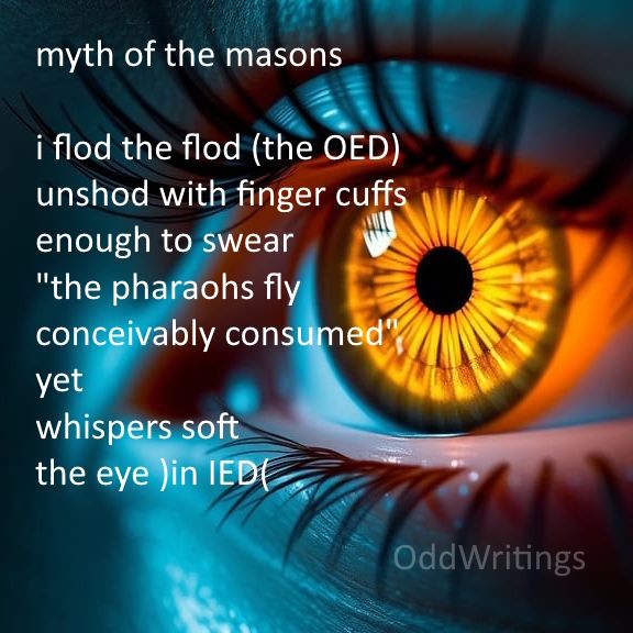 Myth of the Masons

i flod the flod (the OED)
unshod with finger cuffs
enough to swear
"the pharaohs fly
conceivably consumed"
yet
whispers soft
the eye )in IED(
