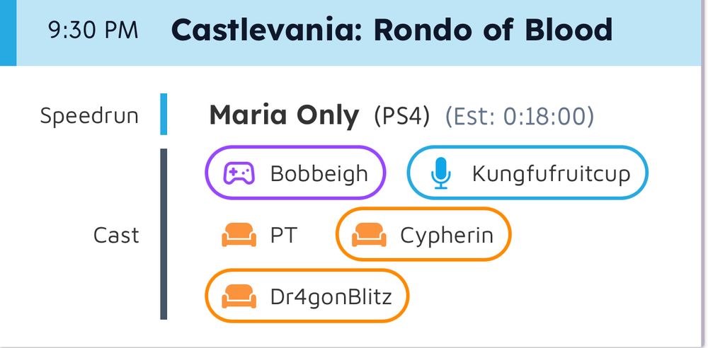 A screenshot of the GamesDoneQuick schedule featuring the game CASTLEVANIA: RONDO OF BLOOD — Performed by BOBBEIGH, joined in commentary by CYPHERIN, DRAGONBLITZ, and PT. Performing tonight at 9:30 PM Central US time. 