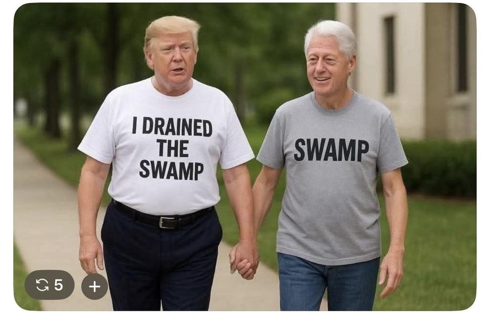 Trump and Bill Clinton Holding hands.

Trump with a t-shirt that says "I drained the swamp"
Bill with a t-shirt that says "swamp"