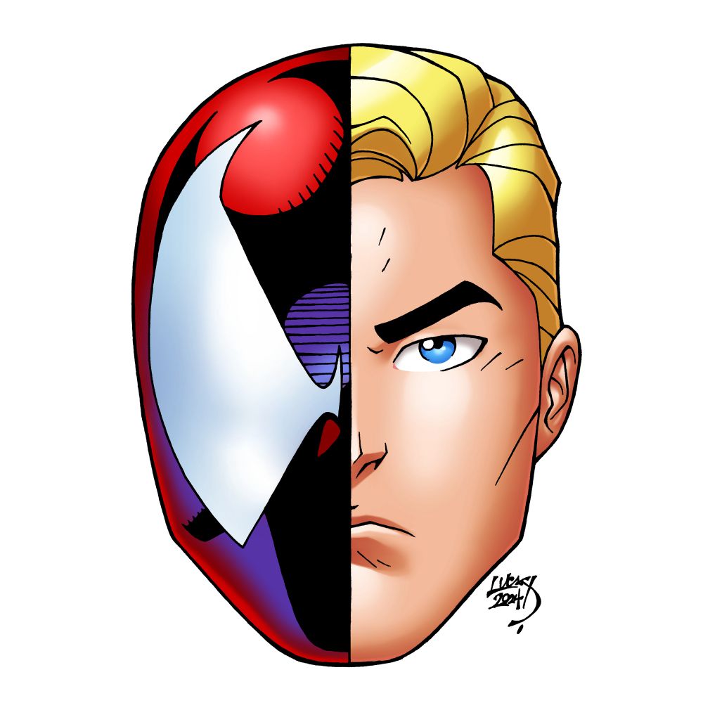 A close up portrait of Ben Reilly. Echoing classic Spider-Man art, the right side shows Ben’s unmasked face, while the left depicts the classic Scarlet Spider mask and lenses.