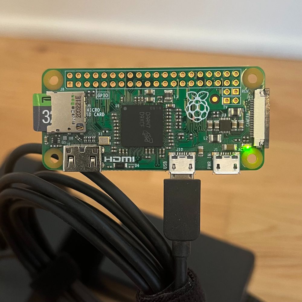 A close up of a Raspberry Pi Zero W computer board. 