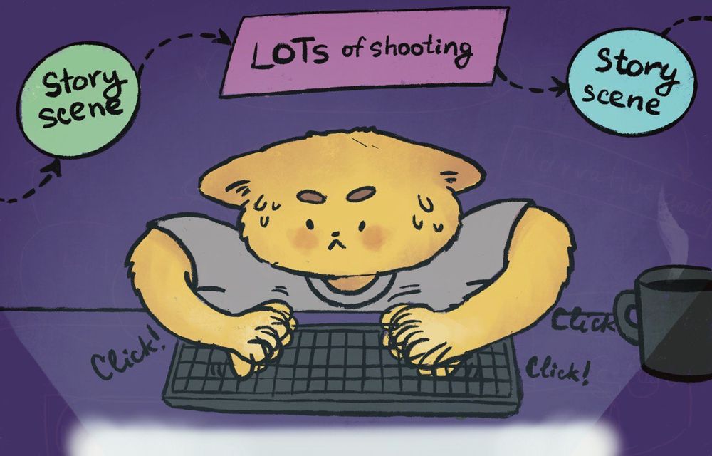 yellow cat is typing a lot while creating a game design document