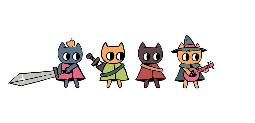 cat concept art with 4 different presets of costumes and weapons