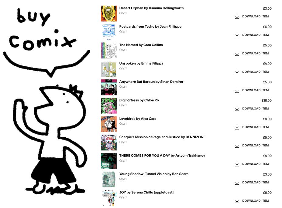 Screenshot of all the comics i bought at the shortbox comics fair. theres a little drawing that says buy comix.