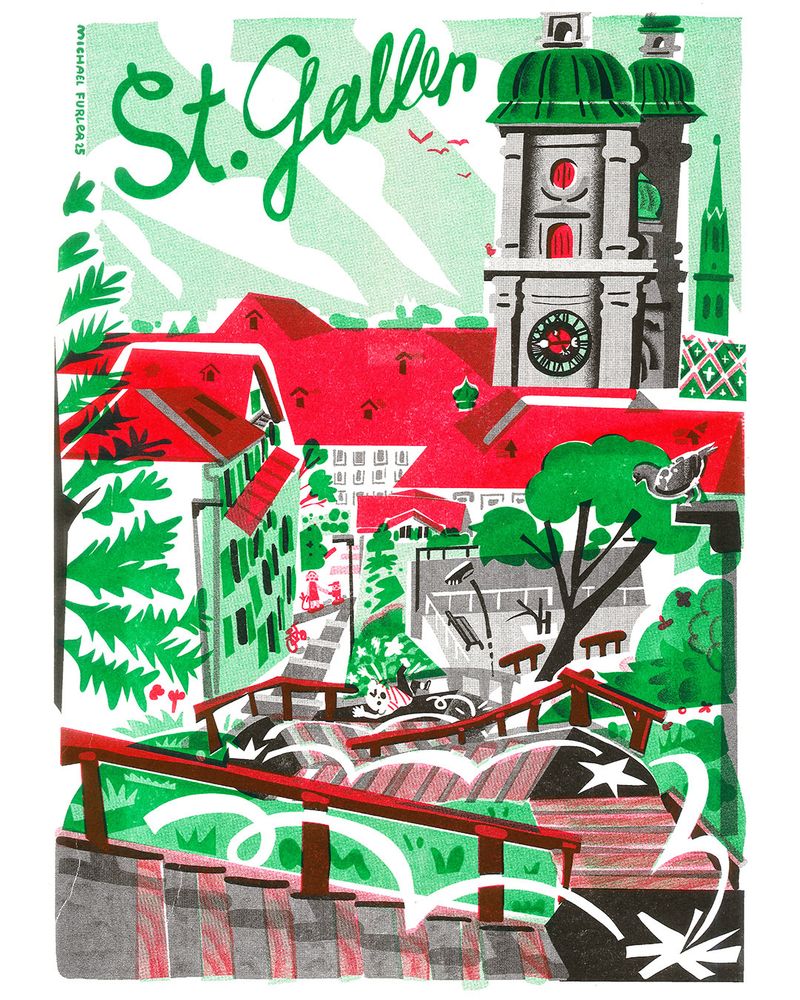Poster of the Swiss city of St. Gallen. A set of stairs with wooden steps in the foreground, with fir trees and red roofs in the middle and two towers of the monastery of St. Gallen in the background. A man is currently tumbling down every set of stairs.