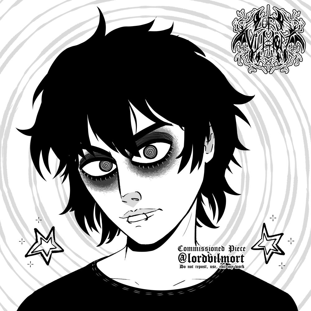 black and white, spooky icon from bust up depicting an original character from one of my clients