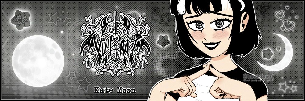 social media banner depicting my original characer kate moon. she has shy body language and she's blushing and smiling. the background has lots of decorative elements such as two moons, my logo, her name, stars, stripes and hearts