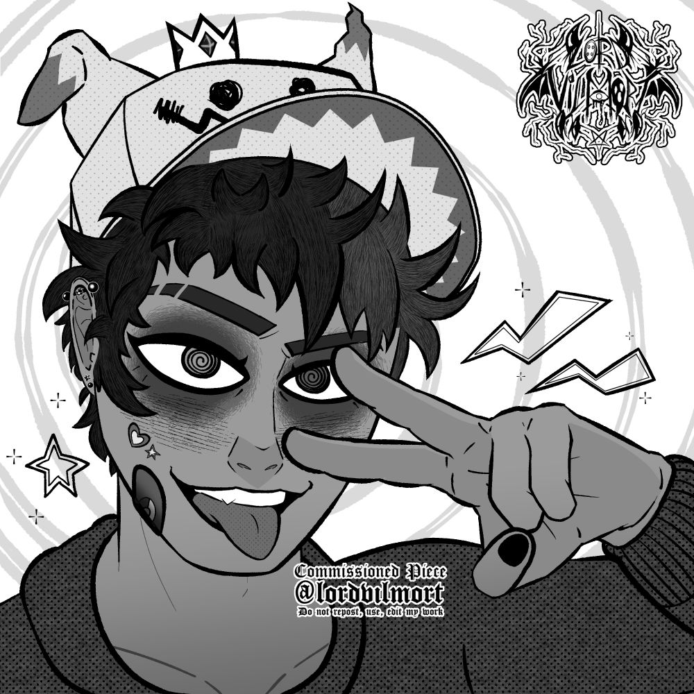 black and white, spooky icon from bust up depicting an original character from one of my clients