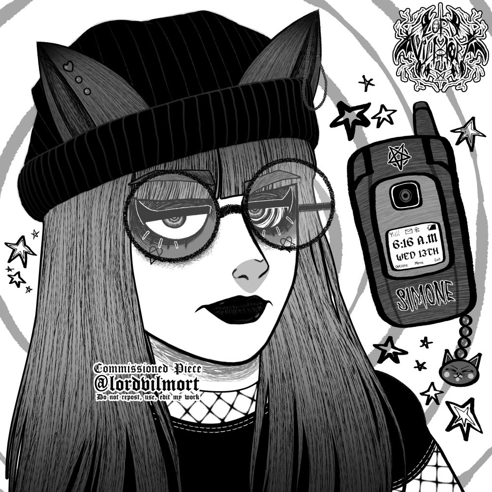black and white, spooky icon from bust up depicting an original character from one of my clients