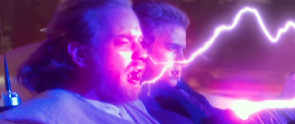 Obi-Wan Kenobi taking a bolt of purple lightning directly to his face