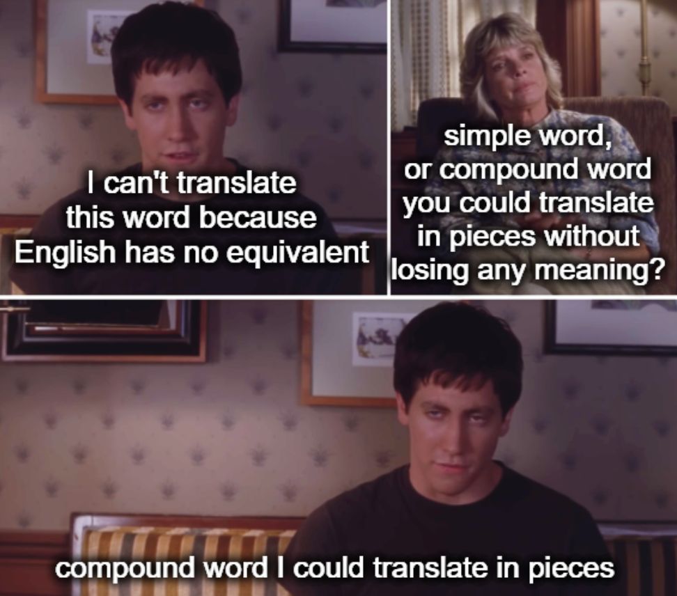Donnie Darko: I can't translate this word because English has no equivalent
Therapist: simple word, or compound word you could translate in pieces without losing any meaning
Donnie Darko: compound word I could translate in pieces