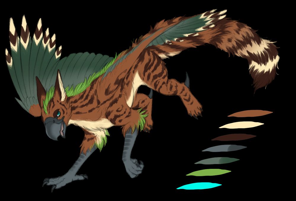 A recent drawing of Argeír, in a similar landing pose. His dark brown markings are now less uniform and look more swirly, like tabby cat's. The wings are now gray and desaturated green.
