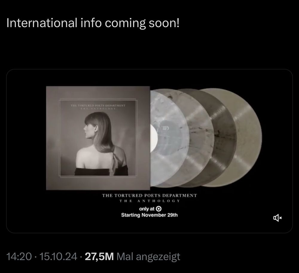 a screenshot of taylor’s tweet about the anthology vinyl and the eras tour book (posted on october 15th) saying “international info coming soon”