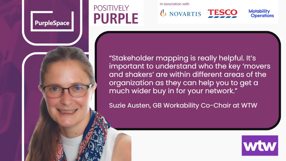 ID: Designed graphic featuring Suzie's quote supported by the WTW logo and a headshot of Suzie, smiling widely to camera with her hair tied back, wearing dark rimmed glasses and a blue patterned scarf.