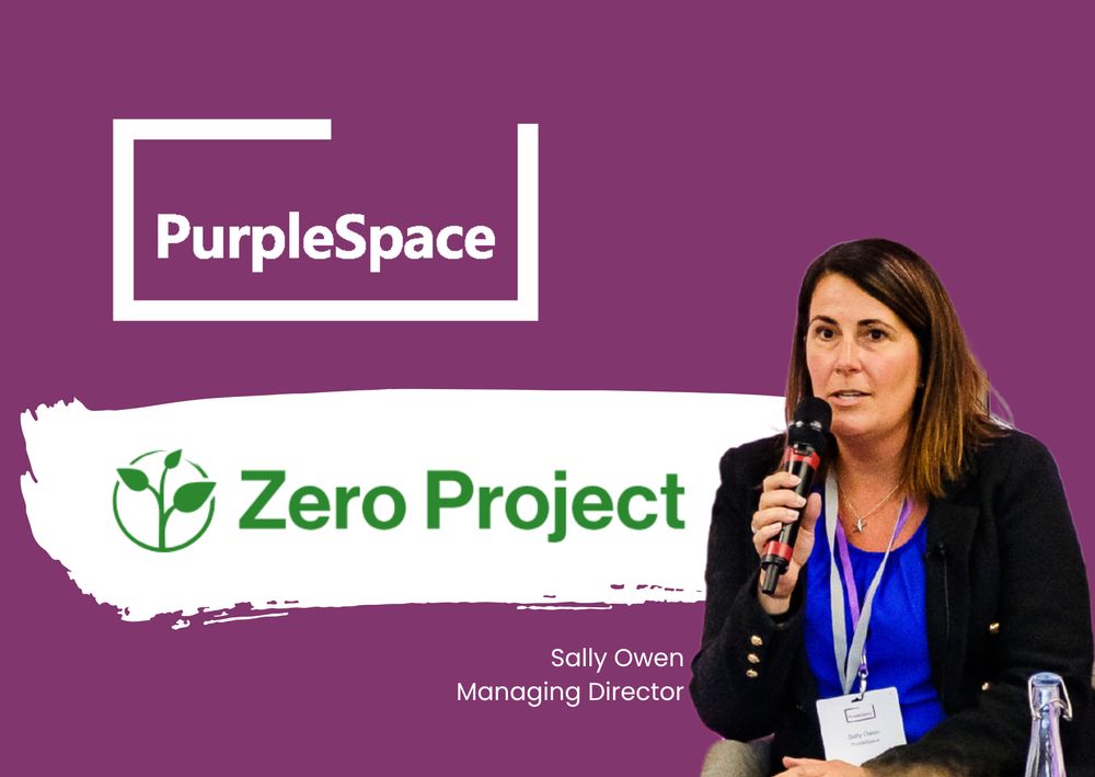 ID: Designed graphic with simple PurpleSpace logo and Zero Project's green text logo, with sprouting buds. Image of Sally Owen, PurpleSpace Director, speaking on the panel of our Global Disability ERG Summit.