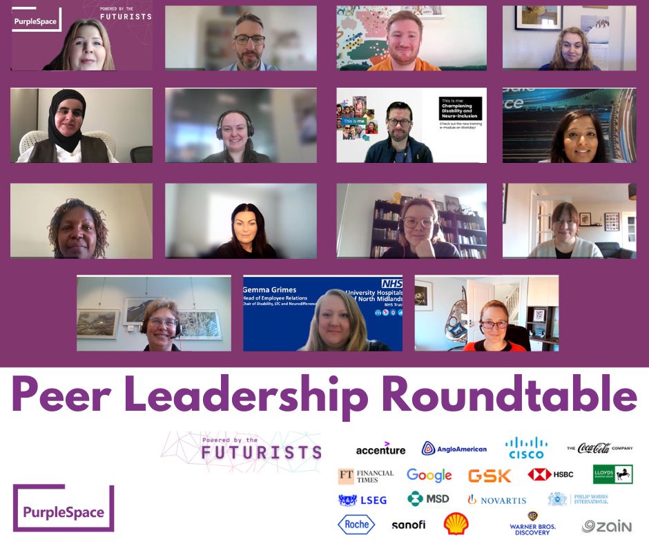 ID: Screen grab from virtual Teams calls, showing the wonderful, smiling faces of our attendees. Text reads PurpleSpace Peer Leadership Roundtables, powered by the Futurists