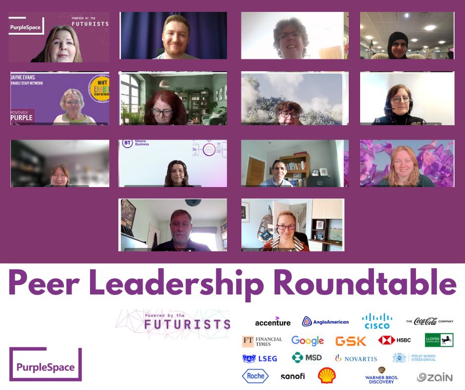 ID: Screen grab from virtual Teams calls, showing the wonderful, smiling faces of our attendees. Text reads PurpleSpace Peer Leadership Roundtables, powered by the Futurists