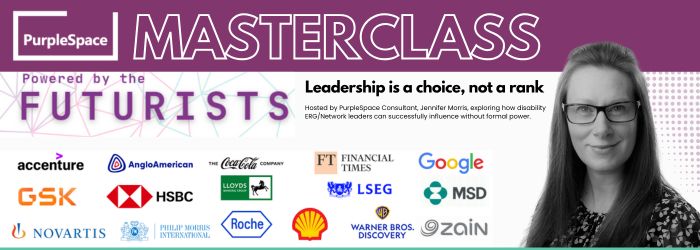 ID: Designed banner reading PurpleSpace Masterclass powered by the Futurists - Accenture, Anglo American, The Coca-Cola Company, Financial Times, Google, GSK, HSBC, Lloyds Banking Group, LSEG (London Stock Exchange Group), MSD, Novartis, Philip Morris International, Roche, Shell, Warner Bros. Discovery, Zain Group