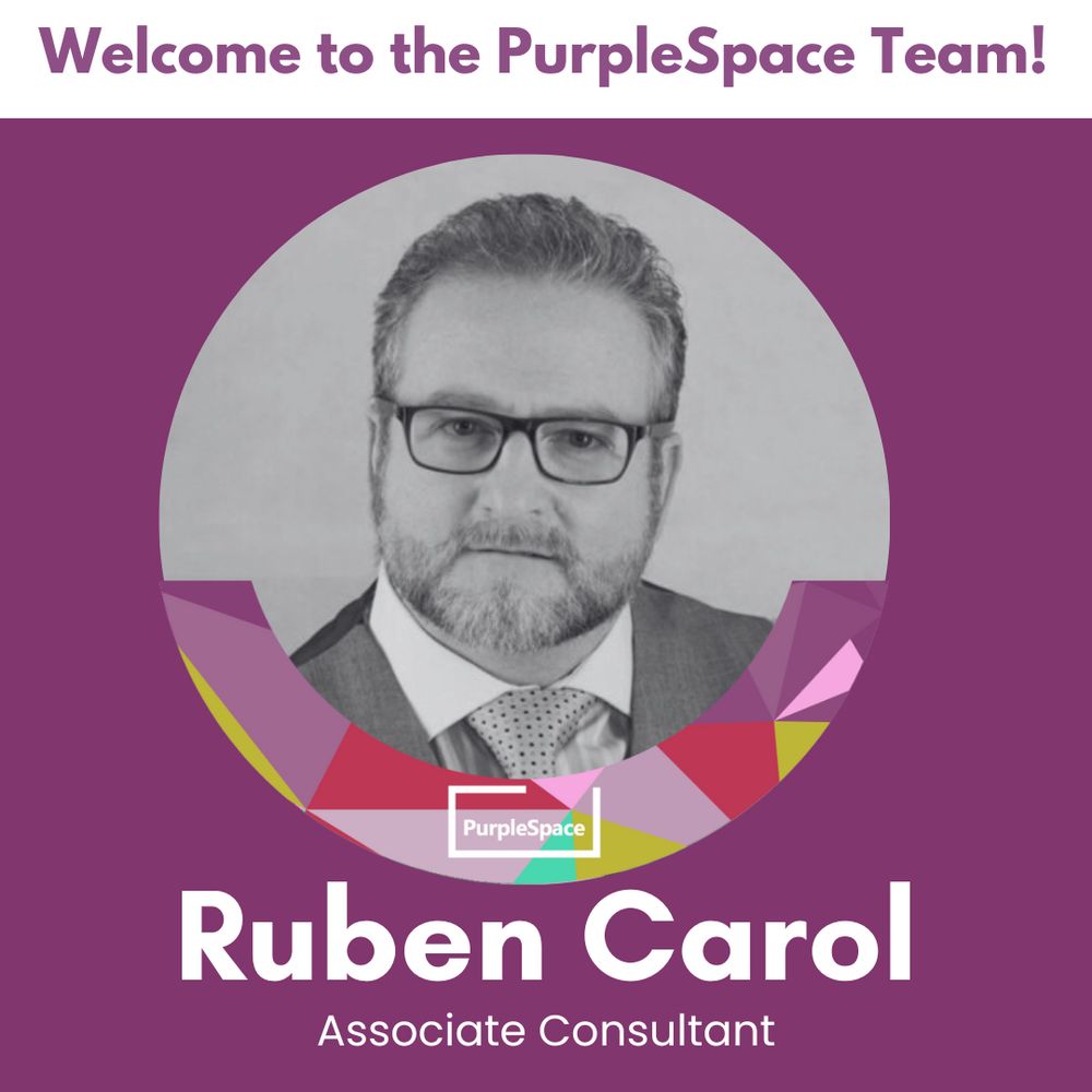 ID designed graphic reading 'Welcome to the PurpleSpace Team Ruben Carol, Associate Consultant'. A circular black and white image of Ruben in the centre. He is a white male, with short greying hear and beard, wearing glasses, dressed smartly, with head tilted looking to camera.