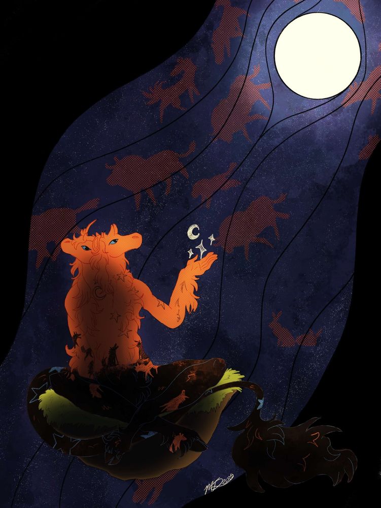 A two headed creature, one head having two horns and the other having one horn. The top half is orange and a black lower half with animals done in a cave painting style. Sinnsearan is holding stars and a moon. They are sitting on an island floating in space, looking at the moon. There are drawings of animals in a cave painting style floating in the space around them.