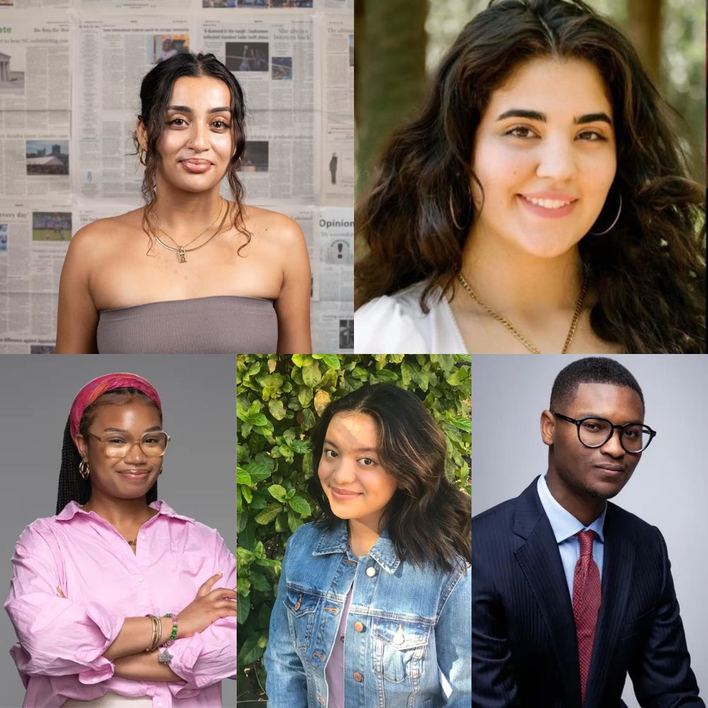 Photo collage of ProPublica's 2024 class of Emerging Reporters. First row from left to right: Aisha Baiocchi, Amira McKee. Second row, left to right: Trinity Webster-Bass, Chaya Tong, Terell Wright.