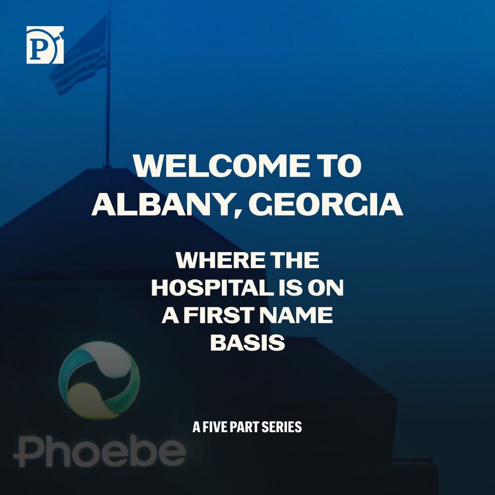 Text on graphic: "Welcome to Albany, Georgia: Where the Hospital is On a First Name Basis. A Five Part Series." Image: Close-up of the Phoebe logo on a hospital building with the U.S. flag at the peak of its roof.