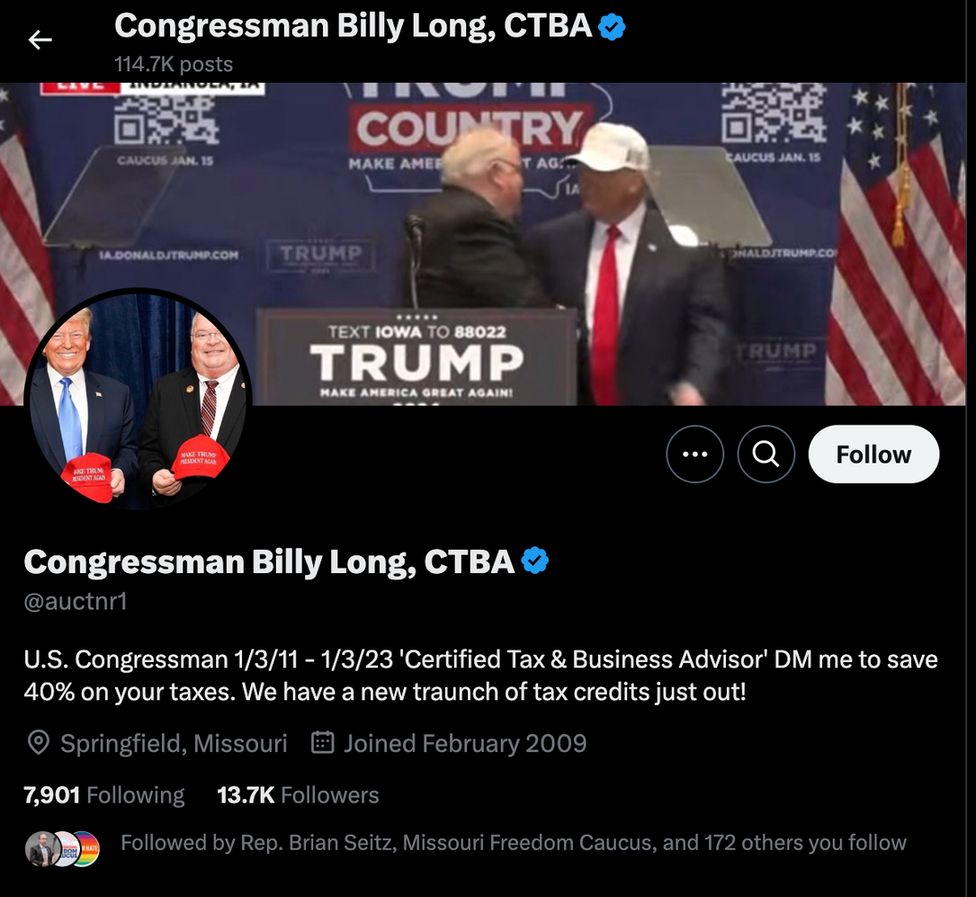 Screenshot of Billy Long's X profile. His profile name is Congressman Billy Long, CTBA and his bio reads: U.S. Congresman 1/3/11-1/3/23 'Certified Tax & Business Adivsor' DM me to save 40% on your taxes. We have a new traunch of tax credits just out! His profile picture and cover image are of him standing with Donald Trump at campaign events.