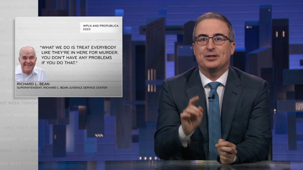 Still of Last Week Tonight, spotlighting a quote from youth center superintendent Richard L. Bean, saying "What we do is treat everybody like they're in here for murder. You don't have any problems if you do that."