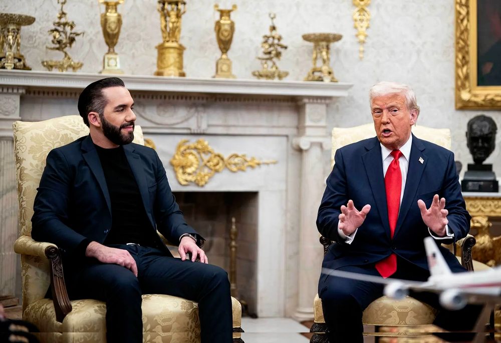 Photo of President Donald Trump and Nayib Bukele, El Salvador’s president, during a meeting in the Oval Office in April 2025. Trump has praised Bukele as “one hell of a president.” Credit: Al Drago/The Washington Post/Getty Images