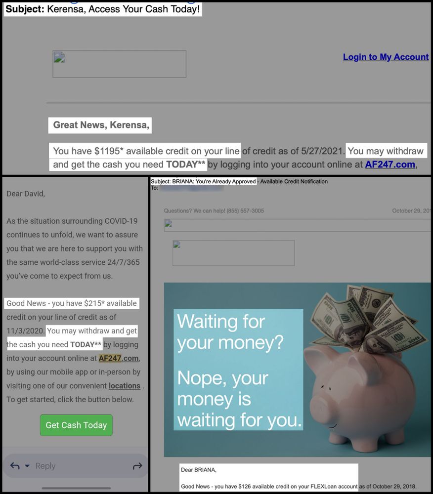 Collage of three different email ads telling borrowers Kerensa, David and Briana they were eligible to borrow more. Highlighted text includes: "Good news" or "Great news," "You may withdraw the cash you need TODAY," "You're Already Approved," and "Waiting for your money? Nope, your money is waiting for you."