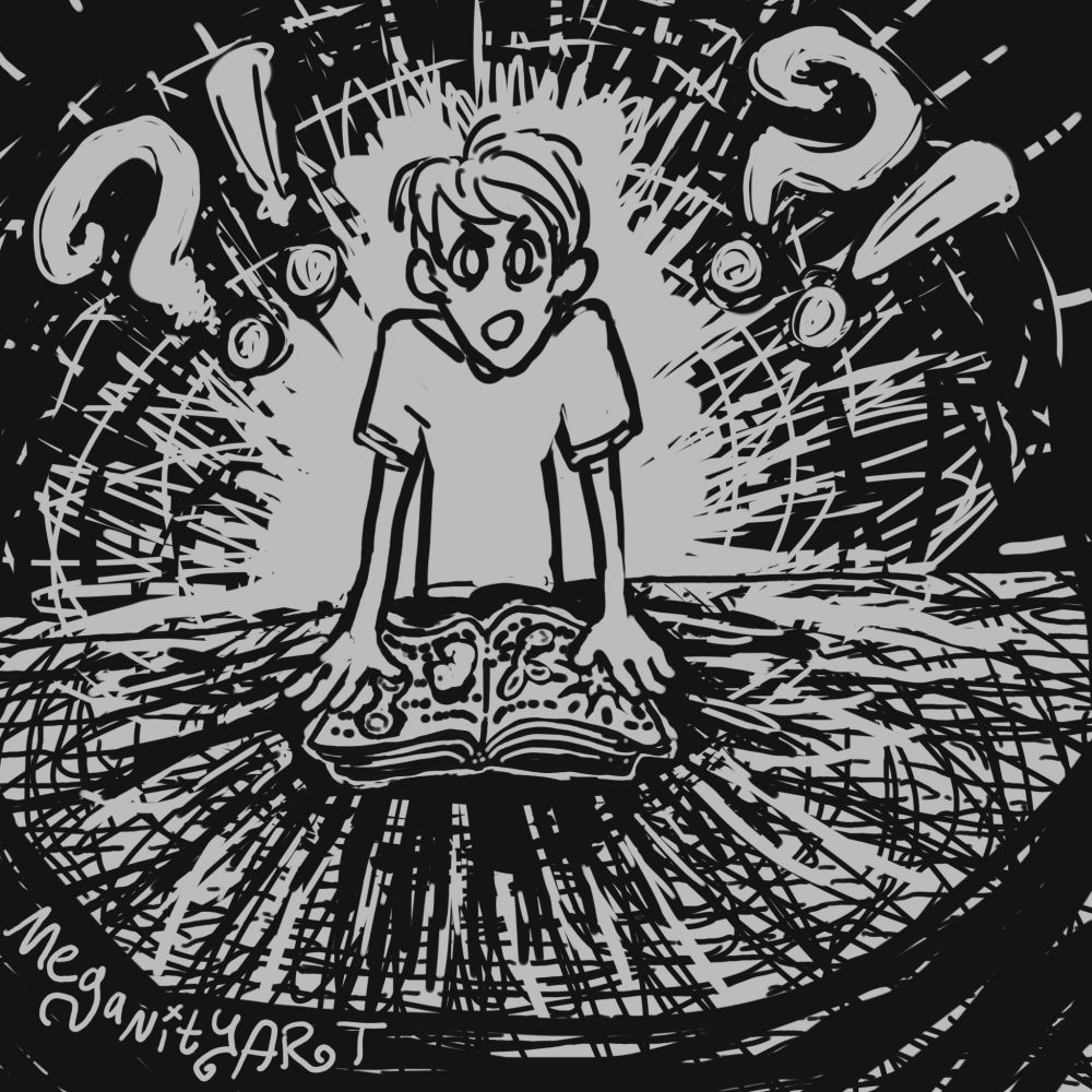 An extremely sketchy black and white digital drawing of a person slamming a science book on a table, with exploding lines of emphasis. 
 
The person has short ish hair and their face has a yelling/determined expression. They wear a plain T shirt. The sketchy lines surrounding them are sort of as a light shining from behind them, as well as exploding out from them. On either side of their head is large "?!" signs. 
The book is a large tome. The pages open have little figures- cells undergoing mitosis, a tiny undifferentiated fetus, a plant growing from a seed, and a tiny explosion, with dotted lines simulating text. Mirroring how white lines explode from the figure, black lines explode out from the book to the table. 

Drawn by Meganity Art