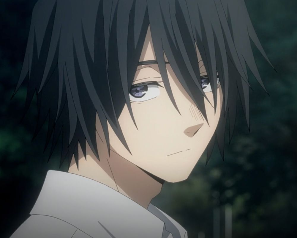 Screenshot of a scene from the anime The Fragrant Flower Blooms With Dignity, it features the character Natsusawa Saku looking at Hoshina Subaru as she walks away and meeting her gaze when she looks back at him.