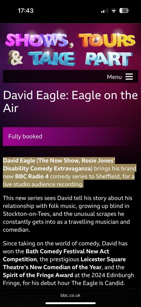 A screenshot of the bbc website showing David’s recording as being fully booked