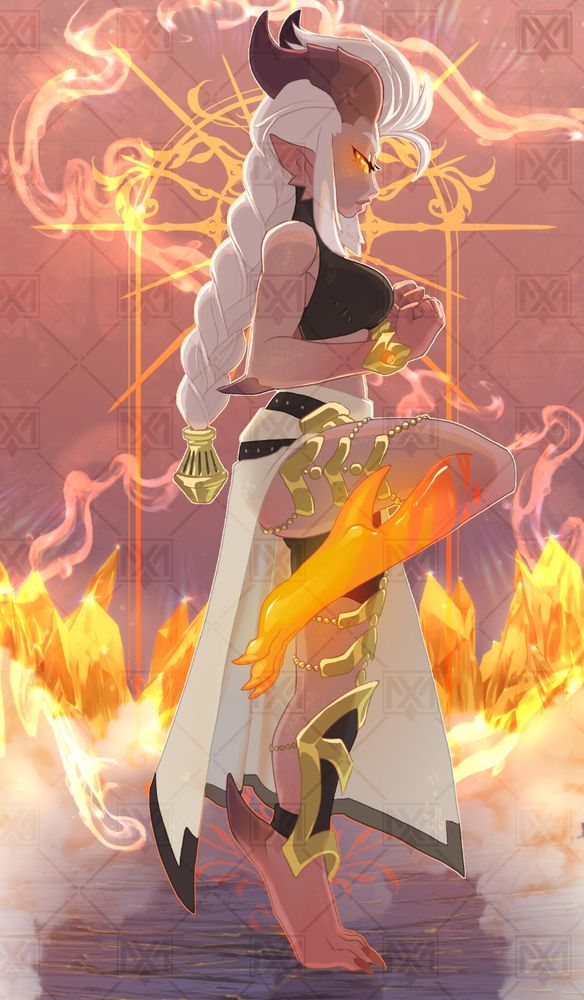 A talean lady standing in a fighting ready pose on one leg, the other leg is made of fire.