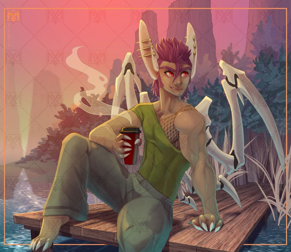 A cool dude with bone wings sitting on a dock during the sunset, drinking a coffee