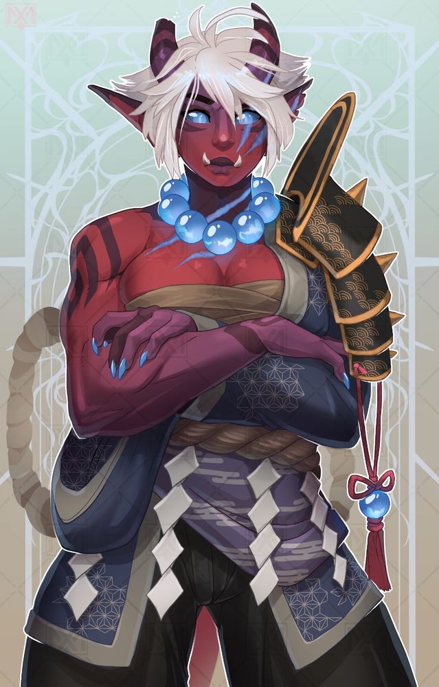 A beefy Oni lady standing there looking at the viewer disappointedly.