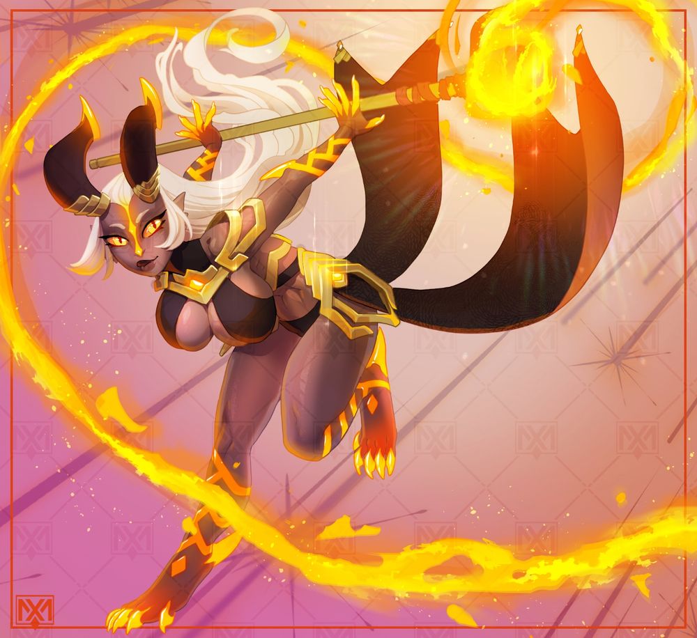 A talean lady using a staff to cast some fire magic