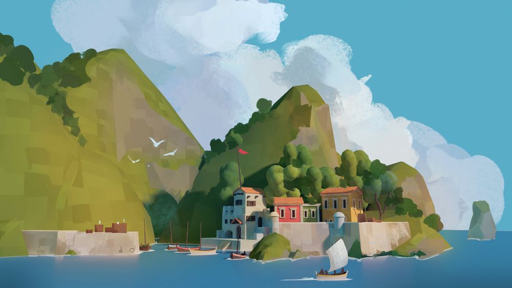 another composition created with the same assets. Small harbour town with a leaving ship. Big landscape formations.