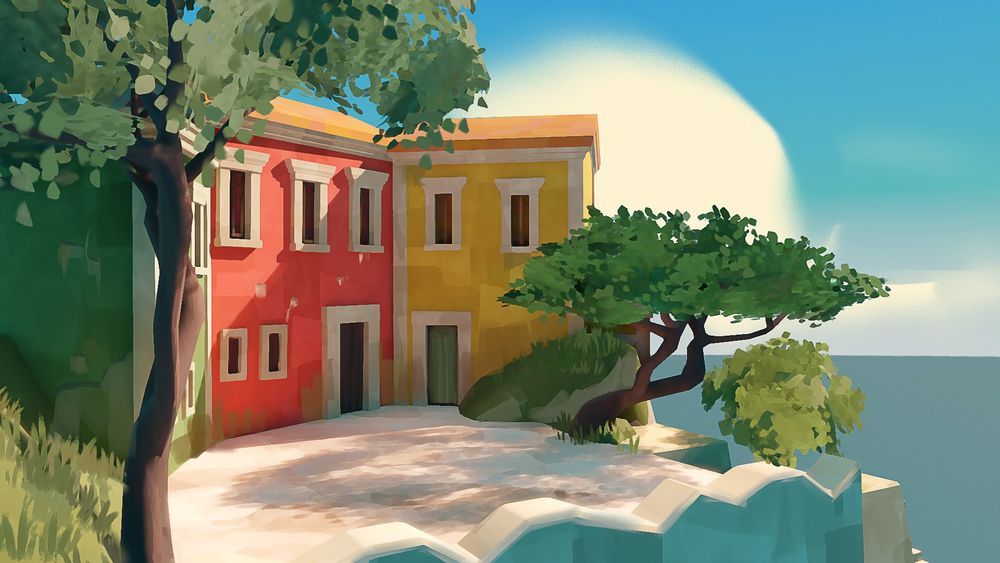small mediterranean town in an anime, stylized style with some trees. Taking advantage of the kuwahara for a painterly setup before final touches in photoshop