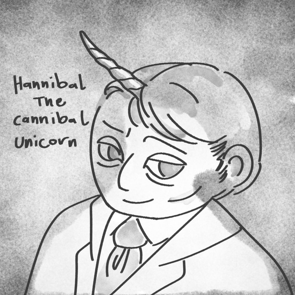 Digital doodle of "Hannibal the cannibal unicorn" Where Hannibal has a unicorn horn while looking evil.