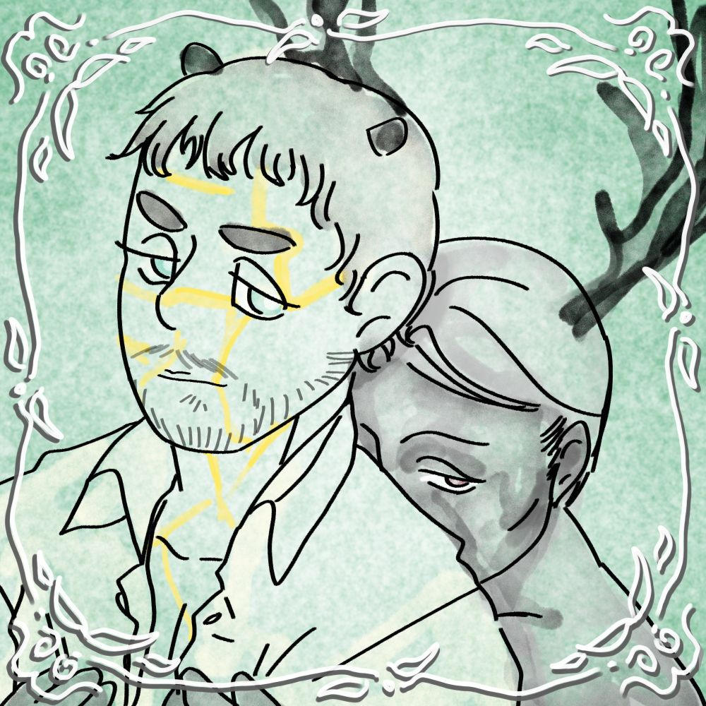 Digital sketch of Will Graham wearing an unbuttoned shirt and looking at the viewer. Hannibal holding to him from behind, his face mostly hidden from the viewer except for one eye showing and at looking out at the viewer. Both of them have antlers, Will's are still growing when Hannibal has a fully grown set. Will has lines of gold on his face and body, while Hannibal has blackened skin.
