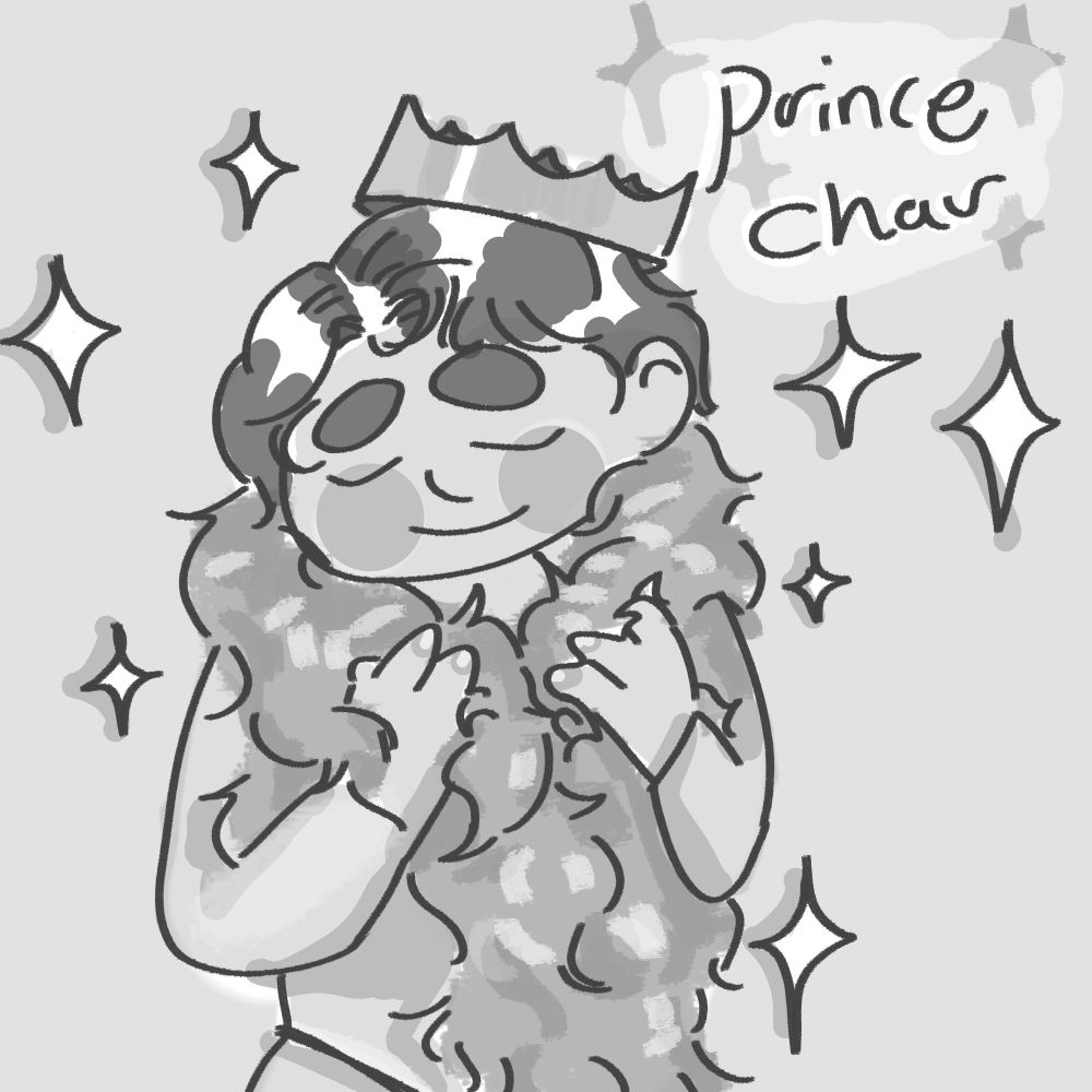 Digital doodle of prince Charmont wearing only a crown, a feather boa and high strap underwear.