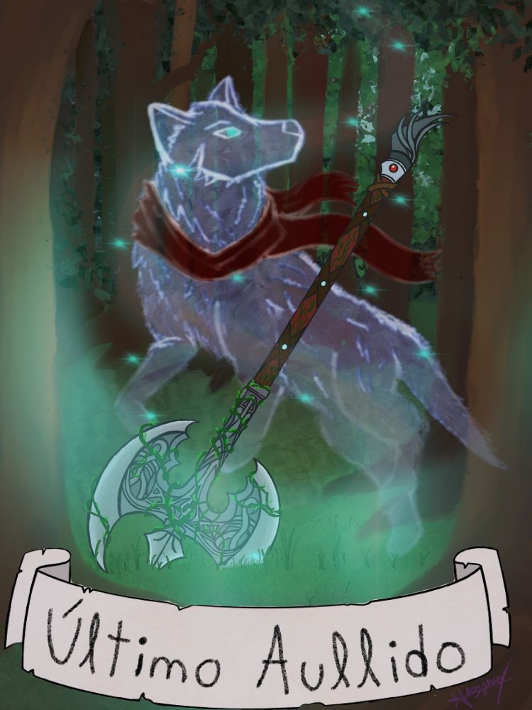 Ilustration of an axe in a forest and a spiritual wolf stands around it