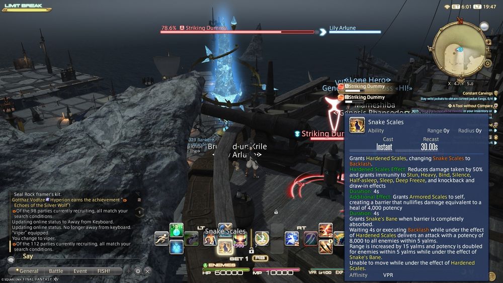 A screenshot of the MMO Final Fantasy XIV, displaying the ability text for Viper's PvP ability Snake Scales