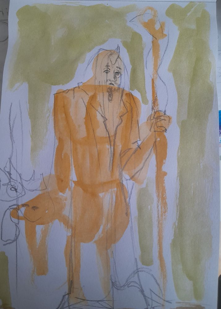 A two color watercolor doodle of Mage Viktor, from arcane. He is standing slightly hunched, regarding the viewer with tired eyes and holding onto his staff. In front of him is the statue of Jayce. Viktor is depicted as a Satyr, all though his legs are hidden by his long coat, but his lion-esque tail peaks out of said coat and on his forehead is a broken horn.