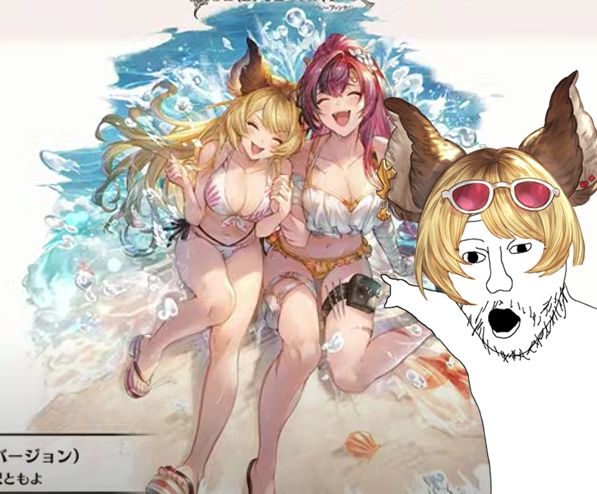 The pointing wojak with Mari's hair pointing at the new summer Meg EX pose
