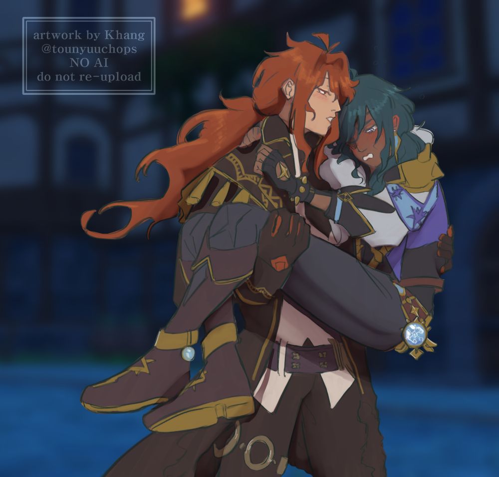 Two characters from Genshin Impact: Diluc carrying a drunk Kaeya bridal style through the streets of Mondstadt