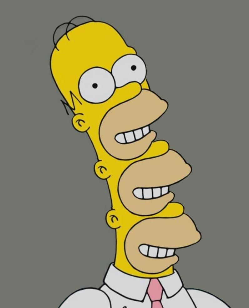 Homer simpson with 3 grinning mouths, one on top of the other