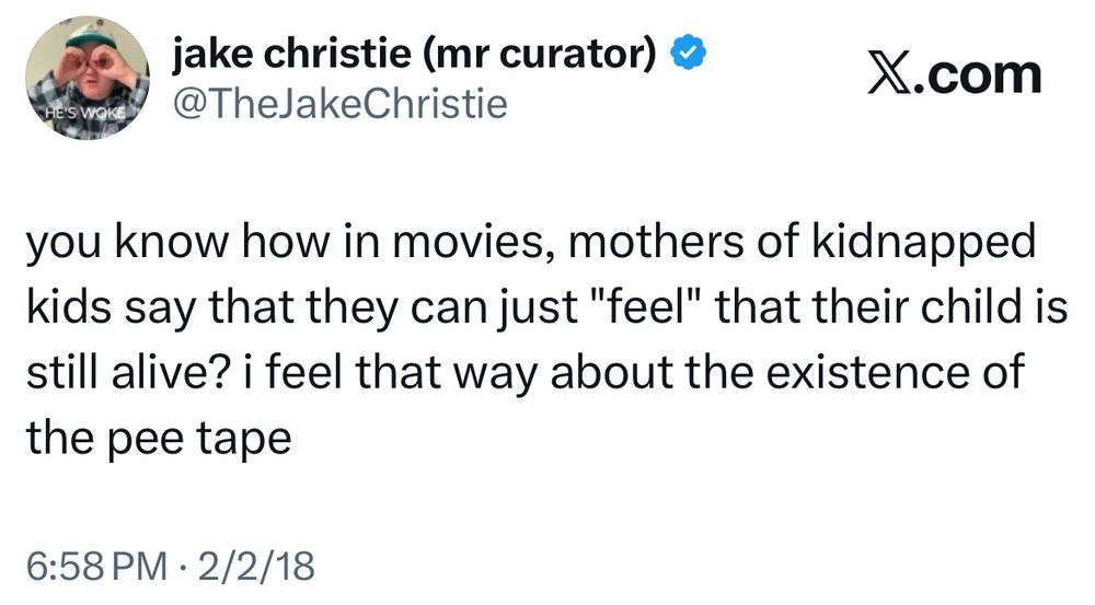 old tweet of mine from 2/2/18 which reads:

you know how in movies, mothers of kidnapped kids say that they can just "feel" that their child is still alive? i feel that way about the existence of the pee tape