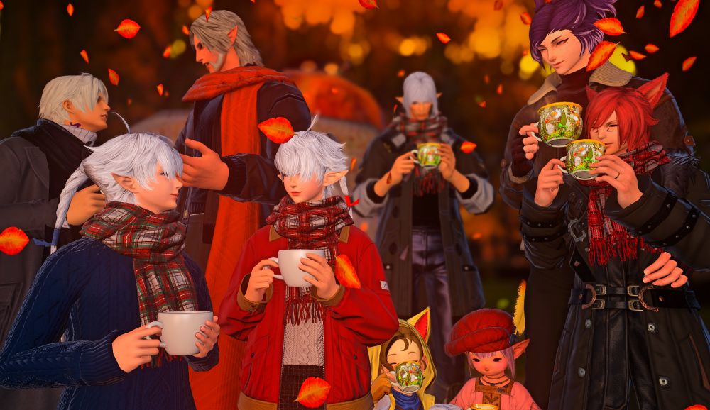 Aren and the Scions are huddled together in front of a big sack of pumpkins. They are all holding mugs of a hot beverage and autumn leaves fall around them.